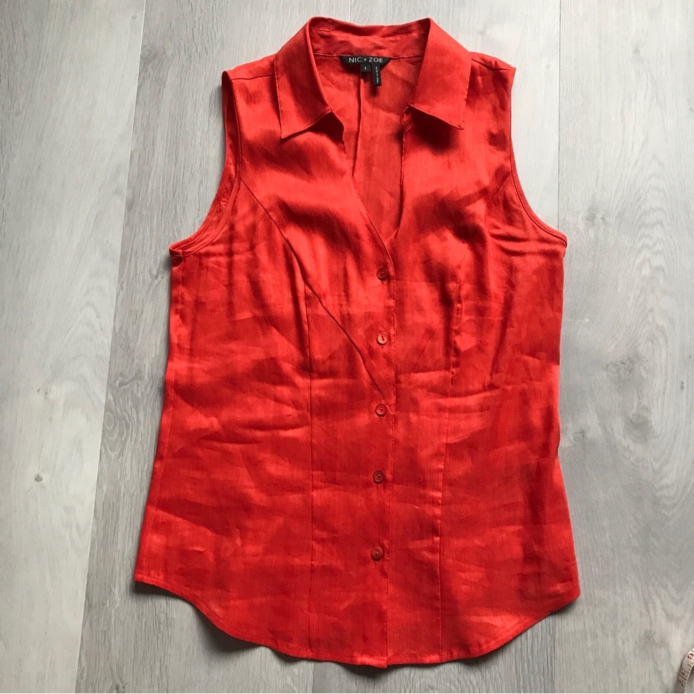 NIC+ZOE 100% LINEN RED BUTTON SLEEVELESS COLLARED SHIRT WOMENS SMALL